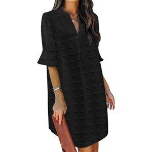 Women Dark Black Polyester V-Neck Loose Fit Short Sleeve Knee Length Shift Dress
